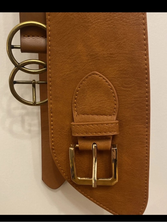 Reitmans Accessories - Two Reitmans Belts: Wide Asymmetrical Tan Belt & Thin Belt with Gold Buckles